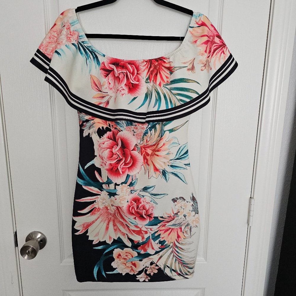 Jealous Tomato Off-Shoulder Ruffle Tropical Print Bodycon Dress, Size M